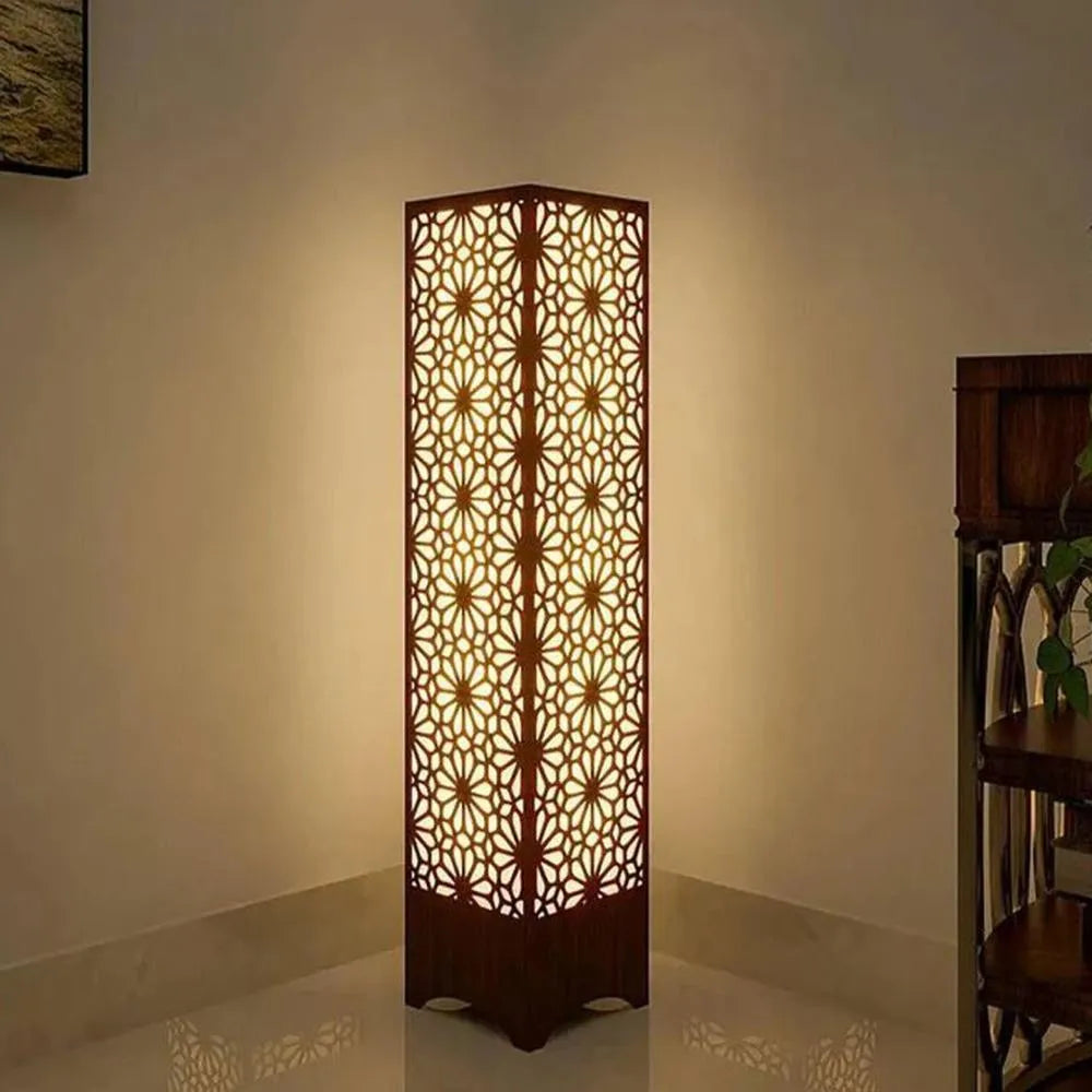 Modern Geometric Wood Floor Lamp – Warm Glow