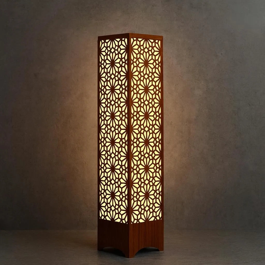 Modern Geometric Wood Floor Lamp – Warm Glow